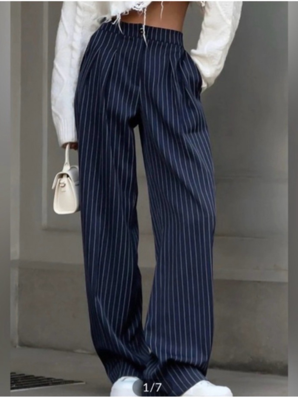 Commense Navy Pinstripe Wide-Leg Trousers